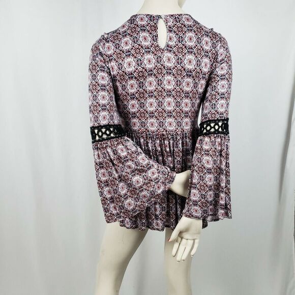 Max Jeans Hippie Tunic Top Floral Long Bell Sleeves Macramé Mandala - Picture 3 of 8